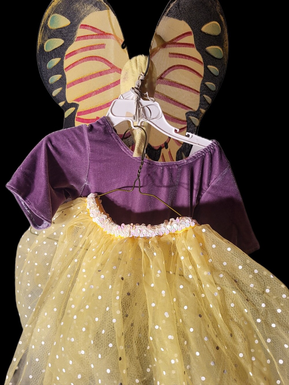 🎃Kids Butterfly Costume -Purple Top with Yellow Tulle Skirt And Wings Sz 6x
